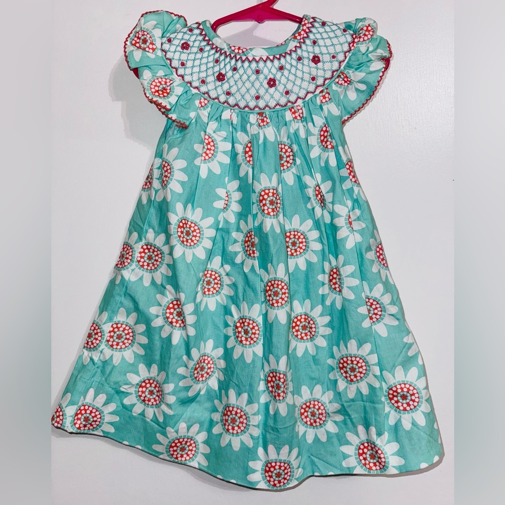 Smocked Floral Toddler Dress in Aqua and Coral 12 months